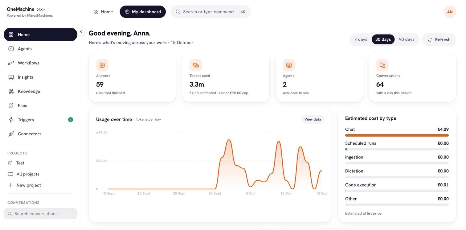 OneMachine overview with answers, usage per day and estimated costs by type below a cap