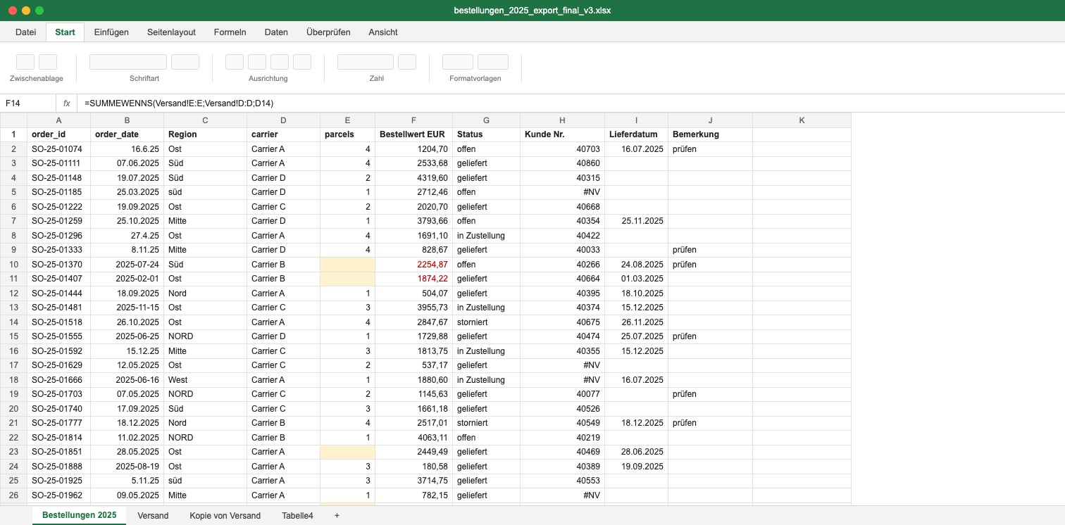 Excel export of orders from 2025 with inconsistent date formats, empty cells and error values