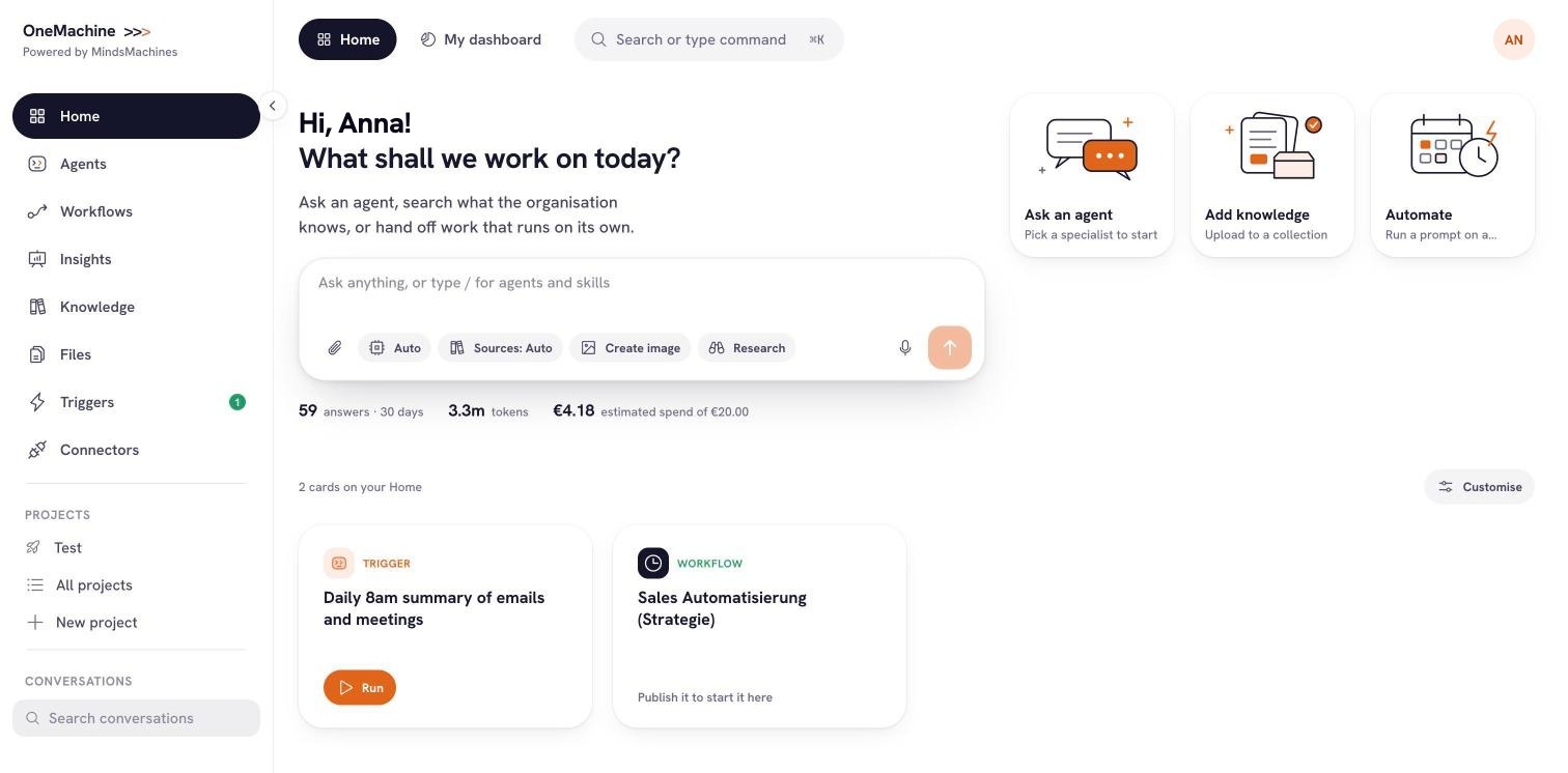 OneMachine start page with an input field for questions and the entry points ask an agent, add knowledge and automate